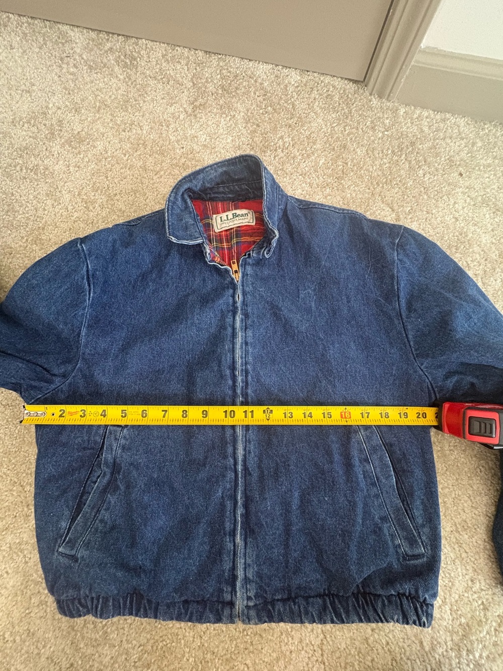 Vintage L.L. Bean Jean Denim Bomber Jacket Cotton Red Flannel Lining Size Small - Picture 14 of 16
